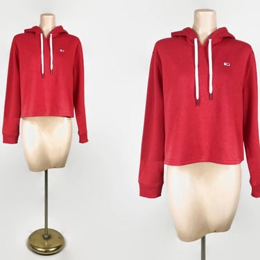 VINTAGE Y2K Tommy Hilfiger Red Hooded Sweatshirt | 2000's Streetwear Oversized Drawstring Sweater Hoodie | vfg 
