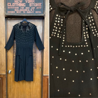 Vintage 1940’s Jet Black Studded Art Deco Swing Vamp Keyhole Dress, 1940’s Studded Dress, Swing Dress, Vampy, Art Deco, Noir, Cut Out, Crepe 