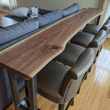 Custom-Made, Handcrafted Sofa Table - Live Edge, Black Walnut Wood Slab w/Commercial Grade Finish; Industrial Style Steel Legs - Made in USA 