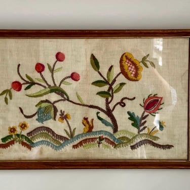 Framed Jacobean Crewel Embroidery Art 