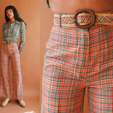 Vintage 70s Plaid Belted Pants/ 1970s High Waisted Wide Leg Trousers/ Size Small 26 