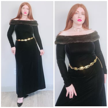 1990s Vintage Cachet Black Velvet Evening Gown / 90s Faux Fur Trim Off Shoulder Party Dress / Medium - Large 
