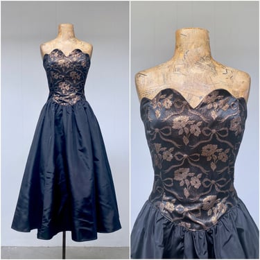 Vintage 1980s Gunne Sax Strapless Party Dress, Black/Copper Brocade/Taffeta Prom Dress, Drop-Waist Formal Midi Frock, Small 34