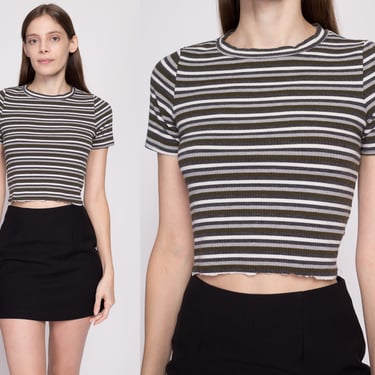 Small 90s Striped Ribbed Crop Top Tee | Vintage Scoop Neck Short Sleeve Cropped T Shirt 