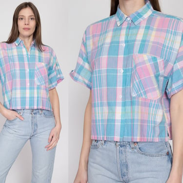 Medium 90s Pastel Plaid Button Up Cotton Shirt | Vintage Made In India Madras Short Sleeve Collared Boxy Top 
