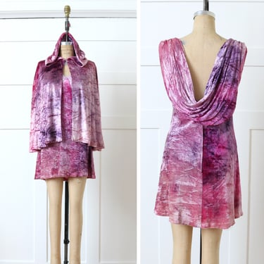 designer vintage 1970s tie-dye velveteen dress and hooded cape • incredible draped back minidress set in pinks & purples 