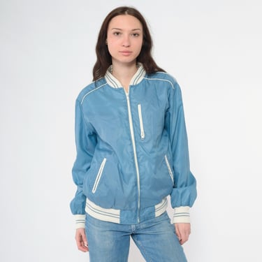 Vintage Reversible Windbreaker Jacket 80s Blue White Color Block Striped 1980s Zip Up Bomber Jacket Sporty Athletic Medium 