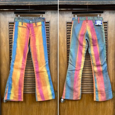 Vintage 1960’s -Deadstock- w29 Rainbow Tie Dye Hippie Brushed Cotton Denim Flare Jeans, Bell Bottoms, Hip Huggers, 60’s Vintage Clothing 