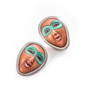 Vintage Mexican Sterling Silver Carved Face Earrings, Toztli Signed Paper-Mache Painted and Carved Masked Face Earrings, 35mm Length 