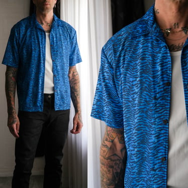 Vintage 90s ANCHOR BLUE Black & Blue Tiger Stripe Party Camp Collar Shirt | Made in USA | 1990s Designer Animal Print Dance Club Mens Shirt 