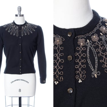 Vintage 1950s Cardigan | 50s DARLENE Beaded Knit Black Acrylic Long Sleeve Sweater Top (medium/large) 