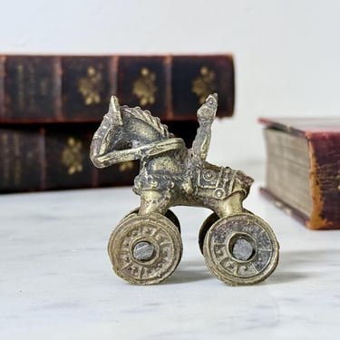 Antique Temple Toy Brass Horse with Rider on Wheels India Indian Vintage Brass Bronze Figurine Statue Tiny Miniature Collectible Shelf Decor 