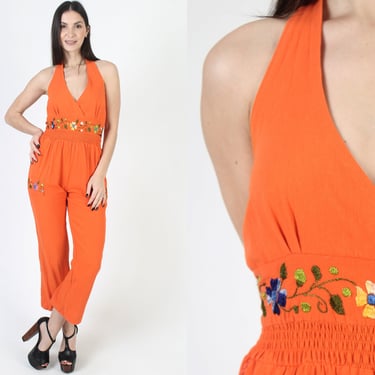 Low Cut Embroidered Mexican Jumpsuit, Vintage Orange Cotton Halter Playsuit, Skinny Leg Pant Suit With Pockets 