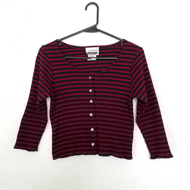 Vintage 90s Burgundy and Black Striped Cropped Cardigan 