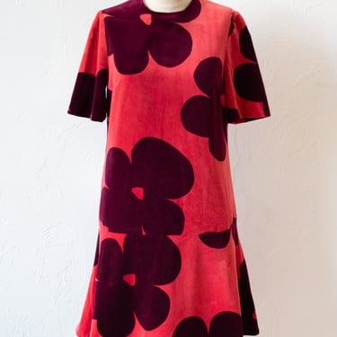 Vintage 1960s Marimekko Red and Burgundy Mod Floral Dress S/M