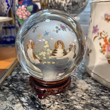 Reverse Dog Painted Glass Orb and base