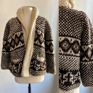 Vintage 70s COWICHAN Style CARDIGAN Sweater / Chunky Knit / POCKETS + Shawl Collar 