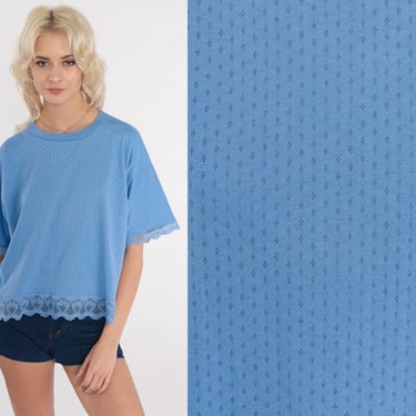 Blue Cut Out T Shirt 80s Cutout Lace Trim Shirt Short Sleeve TShirt Semi-Sheer Cutwork Top 1980s Vintage Medium Large 