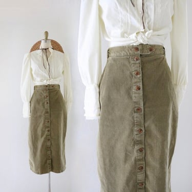 corduroy button front skirt - 31 - vintage 90s y2k minimal modern vintage cotton cord midi skirt with pockets 