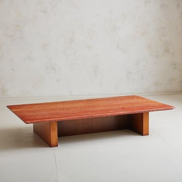 Modern Red Travertine Coffee Table with Wood Base, Belgium