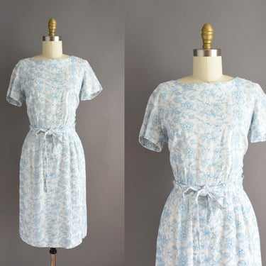 1950s dress | Blue Embroidered Floral Short Sleeve White Cotton Dress | Small | 50s vintage dress 