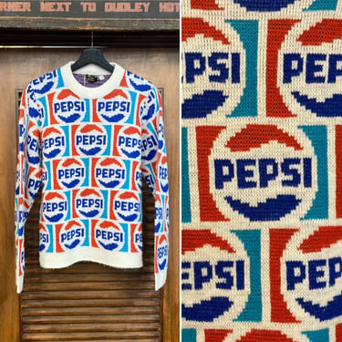 Vintage 1960’s Pepsi Soda Glam Mod Pop Art Knit All Over Design Sweater, 60’s Pullover, Vintage Clothing 