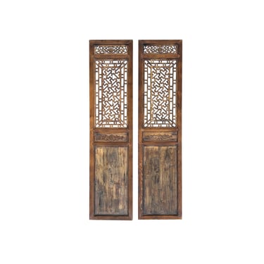 Pair Oriental Bats Floral Geometric Pattern Tall Wood Door Panel Screen ws3771E 