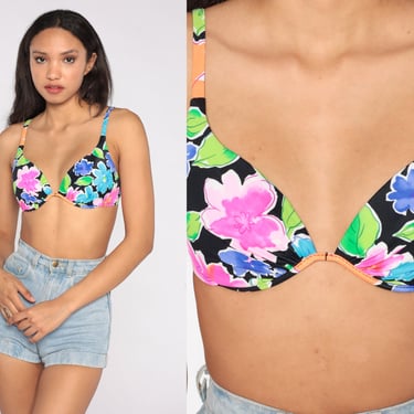 80s Bikini Top Neon Floral Print Swimsuit Baywatch Bathing Suit Underwire 1980s Retro Bikini Beach Pool Party Swim Suit Vintage Small S 