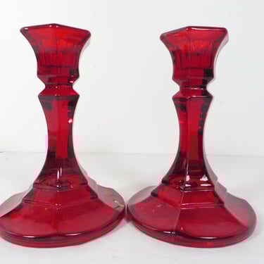 Vintage Red Flash Glass Candlesticks - Indiana Glass Red Glass Candlesticks 