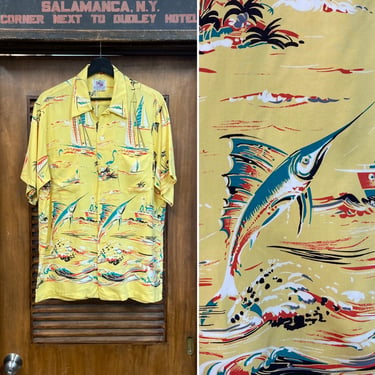 Vintage 1950’s Size L “Duke Kahanamoku” Marlin Border Print Rayon Hawaiian Shirt, Nautical Design, 50’s Vintage Clothing 