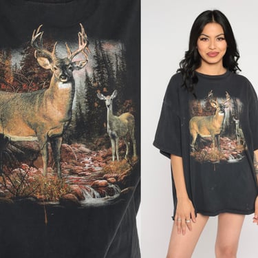 Wild Deer T Shirt Y2K Animal Tshirt Black Wildlife Nature Elk Graphic Tee Retro Hipster T-shirt Streetwear Vintage 00s Men's Extra Large xl 