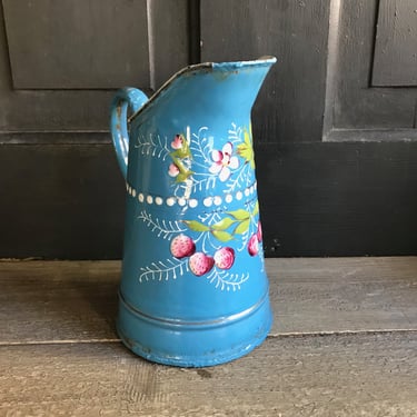 French Enamel Pitcher, Small Blue Floral Jug, Rustic Floral Vase, French Farmhouse Decor 