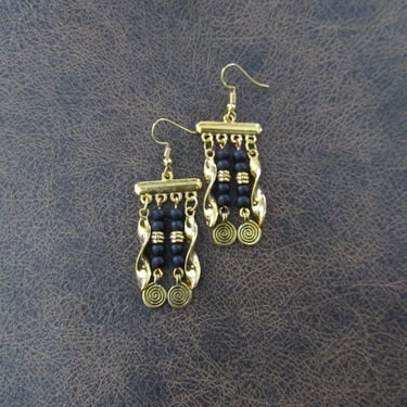 Chandelier earrings, black frosted glass and gold earrings 