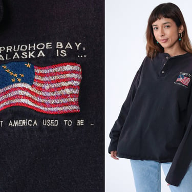 Alaska T-Shirt 90s Prudhoe Bay Henley Shirt What America Used To Be Embroidered USA Flag Long Sleeve Button up Black TShirt Vintage 1990s XL 