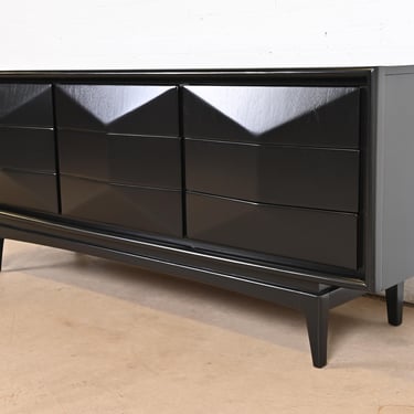 Mid-Century Modern Black Lacquered Sculpted Walnut Diamond Front Dresser or Credenza by United, Newly Refinished
