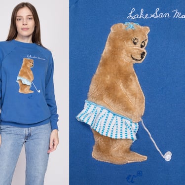 80s Plush 3D Golfing Bear Sweatshirt Large | Vintage Lake San Marcos Blue Raglan Tourist Crewneck 