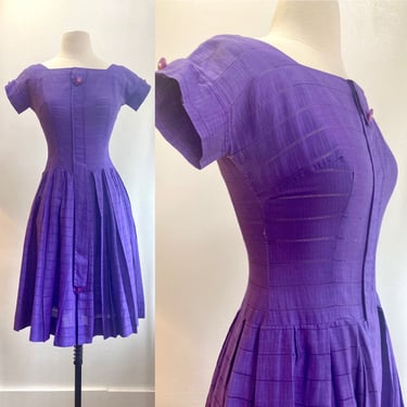Vintage 50s Day Dress / Grape Colored Lightweight Cotton Eyelet  / Fitted Bodice + Full Skirt / Rhinestone Button Detail / XS 
