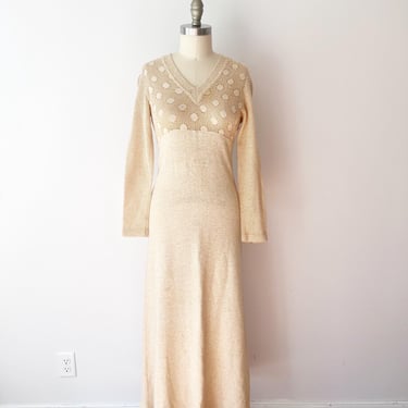1970s Glitzy Knit Sweater Dress / Gold Maxi Floor Length 70s Fall / Winter Dress Francesca for Damon 