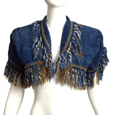 1980s Stone Wash Denim Fringe Bolero, Size 8