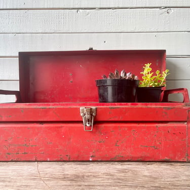 Large Red Metal Tool Box with Handle and Tray | Industrial | Red Vintage Tacklebox | Craft Storage | Junk Rustic | Box with Lid | Money Box 