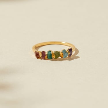 Rainbow Ring, Colorful Raw Stone Ring, Emerald Birthstone Ring, Rainbow Birthstone Jewelry Gifts, Chakra Crystal Jewelry, Gifts for Friends 