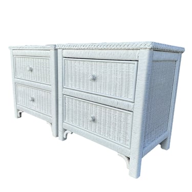 Set of 2 White Wicker Nightstands by Henry Link FREE SHIPPING - Vintage Wrapped Rattan Coastal Boho Chic End Tables Pair w/ Glass Table Tops 