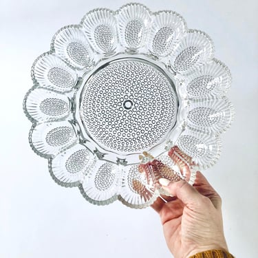 Vintage Glass Egg Platter, Indiana Glass Hobnail Deviled Egg Plate, Clear Round Hors D'oeuvre Serving Tray, Scotch Egg Dish, Wedding Gift 