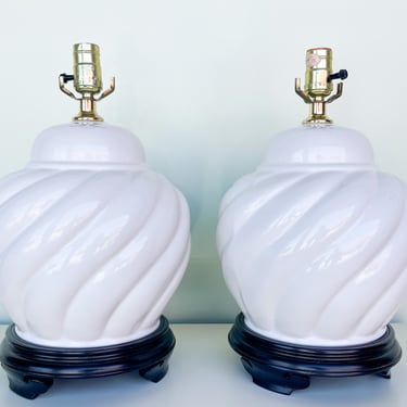 Pair of White Ceramic Swirl Lamps