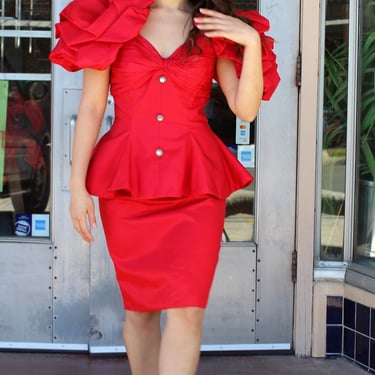 Vintage 1980s Tadashi Red Peplum Dress, Tafetta Cocktail Party Dress, Small Women, Statement Shoulders, NWT Old Stock 