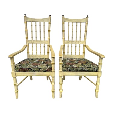Set of 2 Faux Bamboo Armchairs with Spindles & Finials by Stanley Furniture - 1970s Vintage Pair Coastal Palm Beach Dining Accent Arm Chairs 