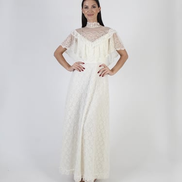 Cream Lace Victorian Dress, Floor Length Bridal Gown, Tiered Ruffle Full Skirt, Long Cottagecore Prairie Style 