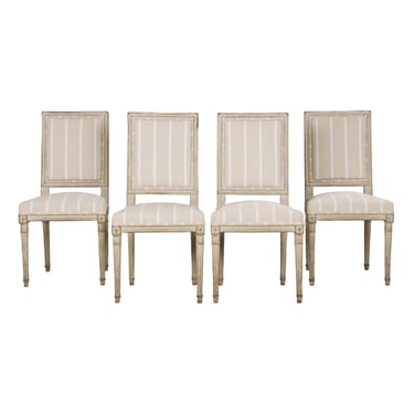 ON HOLD 19th Century French Louis XVI Style Square Back Painted Dining Chairs W/ Off-White Stripe - Set of 4 