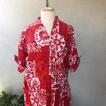 Vintage Hawaiian red white orange floral top tunic sz S/M Paradise Hawaii 
