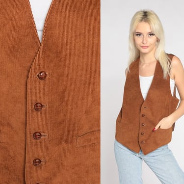 Brown Corduroy Vest 70s Button up Vest Top Retro Preppy Professor Sleeveless Jacket Neutral Layering Seventies Vintage 1970s Small Medium 